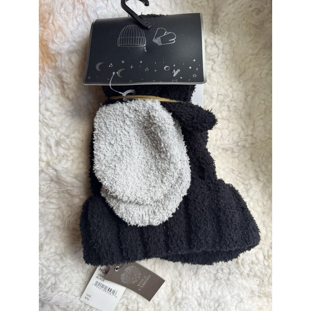 Vince Camuto Plush Beanie Hat & Mitten Glove Gift Set Black Gray Nordstrom NEW